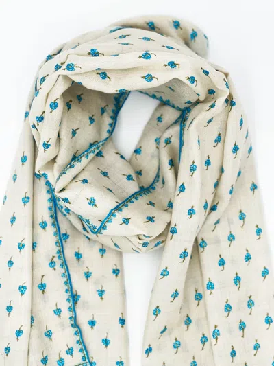 Transcend Women's Blue / White Handwoven Pashmina - White With Turquoise Embroidery In Multi