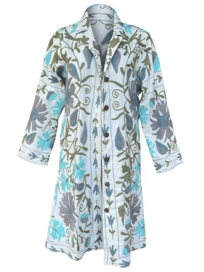 Transcend Women's Blue / White Malika Coat - Suzani Embroidery White With Grey & Blue Emb In Multi