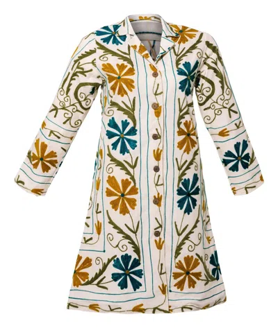 Transcend Women's Blue / White Malika Coat - Suzani Embroidery White With Multi Color Emb In Blue/white