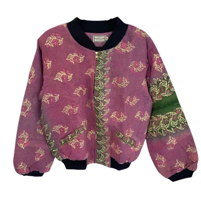 Transcend Women's Green / Pink / Purple Nadia Bomber Jacket - Vintage Kantha - Plum & Fern - X Large