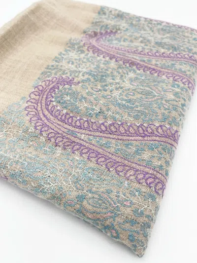 Transcend Women's Grey / Pink / Purple Handwoven Pashmina Shawl - Light Brown With Purple Embroidery In Multi