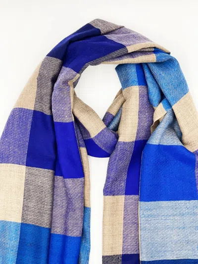 Transcend Women's Handwoven Pure Pashmina - Blue Checks