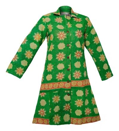 Transcend Women's Hira Coat - Vintage Kantha Coat Green Floral - Large