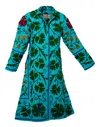 Transcend Women's Malika Coat - Suzani Embroidery Green On Turq Blue  Small In Blue