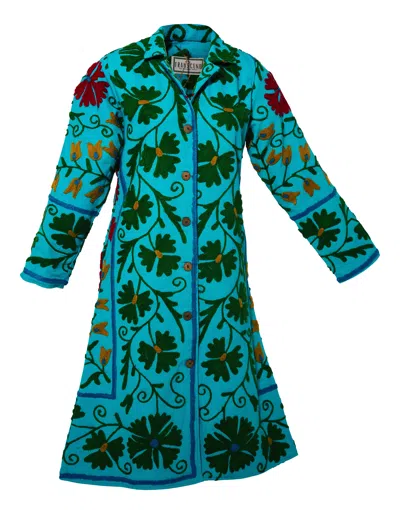 Transcend Women's Malika Coat - Suzani Embroidery Turquoise Blue With Green Embroidery