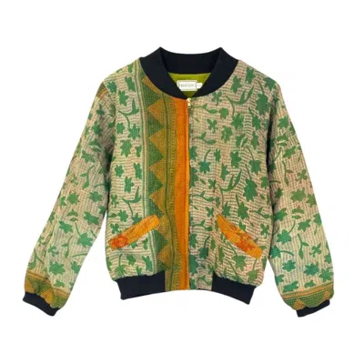 Transcend Women's Nadia Bomber Jacket - Vintage Kantha - Green Leaves - Medium