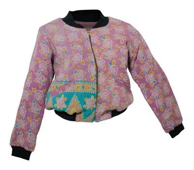 Transcend Women's Pink / Purple Nadia Bomber Jacket - Vintage Kantha - Pink Roses - Medium