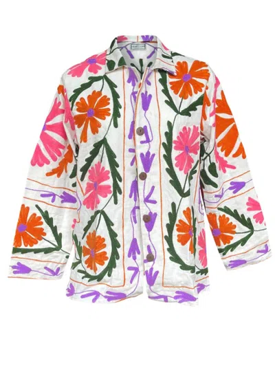 Transcend Women's Pink / Purple / White Malika Coat Short - Suzani Embroidery Orange & Pink - Large In Multi