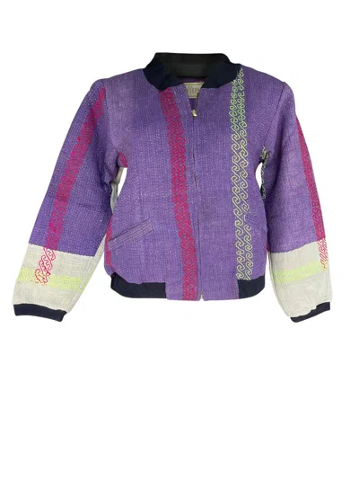 Transcend Women's Pink / Purple / White Nadia Bomber Jacket - Vintage Kantha - Purple Medium In Multi