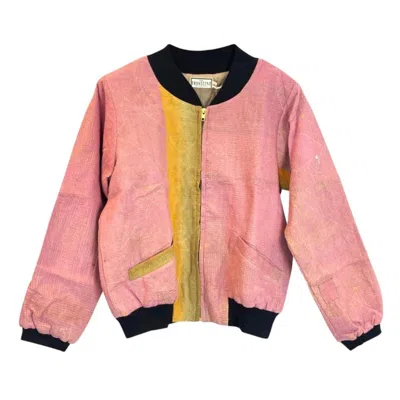 Transcend Women's Pink / Purple / Yellow Nadia Bomber Jacket - Vintage Kantha - Pink & Yellow - Medium