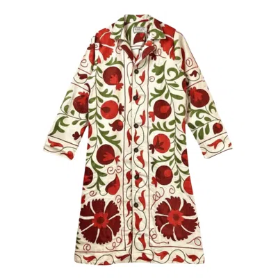 Transcend Women's White / Red Gul Coat - The Bukhara Heirloom In Multi