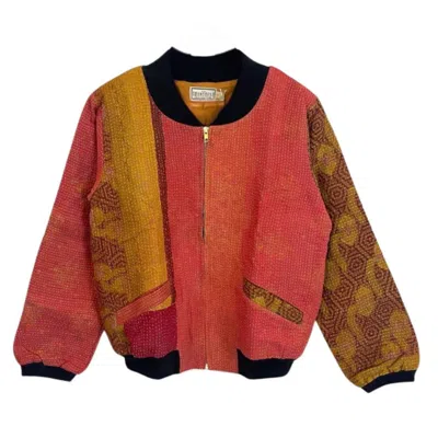 Transcend Women's Yellow / Orange Nadia Bomber Jacket - Vintage Kantha - Rust & Mustard - Medium