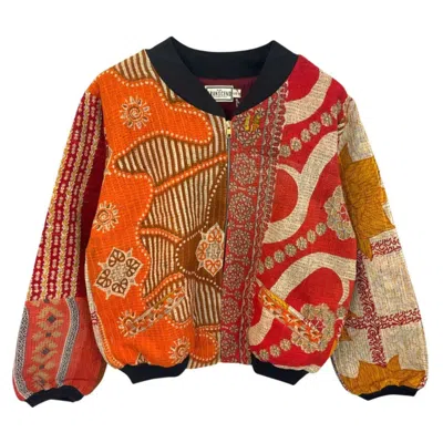 Transcend Women's Yellow / Orange / Red Nadia Bomber Jacket - Vintage Kantha - Orange Red