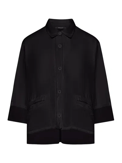 Transit 3/4 Sleeve Linen Shirt With Georgette Inserts In Black