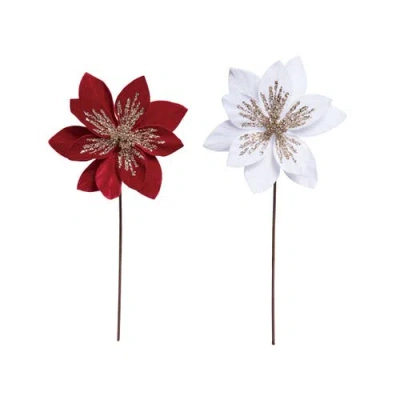 Transpac 22in Velvety Poinsettia Pick Gold Glitz Set Of 2 In Multi