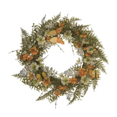 Transpac 24 Inch Green Spring Fern And Butterfly Wreath Natural Fiber Decorative Spring Wreath For H