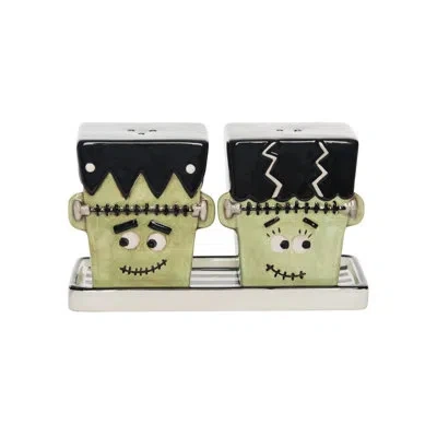 Transpac 5.5 In. Halloween Frankenstein Bride Shaker And Plate Set Of 3 In Multi