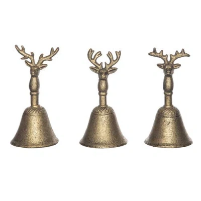 Transpac Cast Iron Brass Reindeer Bell Set Of 3 Decorative Figurines In Gold