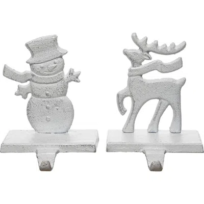 Transpac Cast Iron Snowman Reindeer Stocking Hanger Set Of 2 Christmas In White