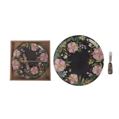 Transpac Ceramic 10 In. Platter And Spreader Set Of 2 In Black;pink;tan