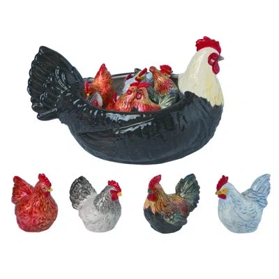 Transpac Ceramic 13 In. Black Chicken Salt Pepper Shaker With Bowl Set Of 17 In Red;black;blue