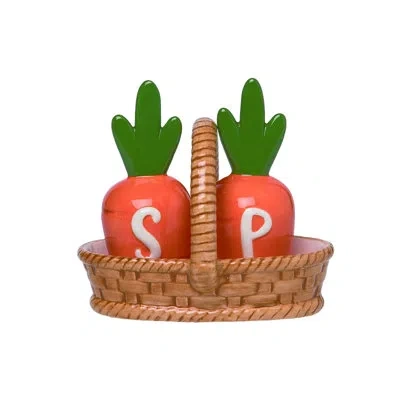 Transpac Ceramic 5" Carrot In Basket Salt And Pepper Shaker In Green;orange