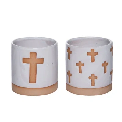 Transpac Ceramic Container With Cross Set Of 2 Planter Pot White And Mud For Spring Garden Decor In Sand