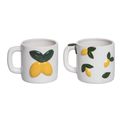 Transpac Ceramic Lemon Mug Set Of 2 Multicolored For Spring Serving And Entertaining In White