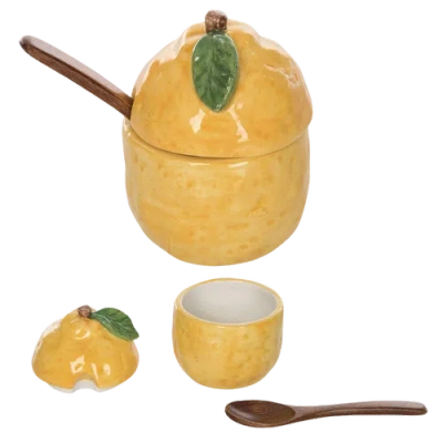 Transpac Ceramic Lemon Sugar Dish With Wood Spoon, Multicolor Dolomite, 4x3x3in, Spring Home Decor,