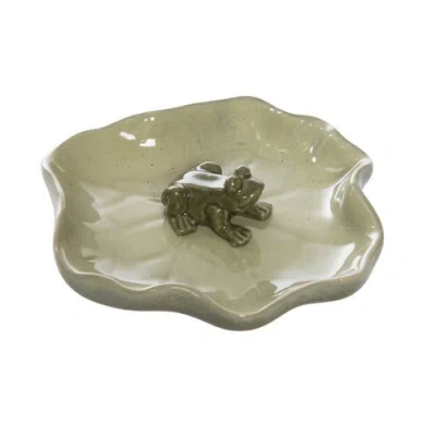 Transpac Ceramic Lily Pad Dish With Frog Green For Spring Tabletop Decor