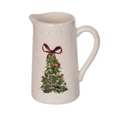 Transpac Ceramic Pitcher With Tree Art Multicolor Beverage Server For Christmas In White