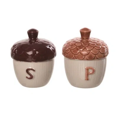 Transpac Ceramic Salt And Pepper Shaker Set In Brown;white;orange