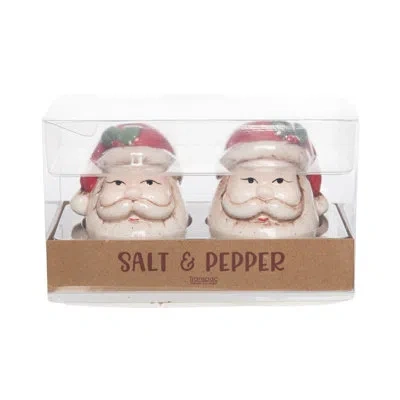 Transpac Ceramic Santa Head Salt And Pepper Shakers Set For Christmas Tabletop Decor Indoor Use Perfect For G In Red;off-white