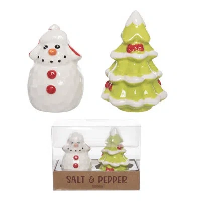 Transpac Ceramic Snowman And Tree Salt And Pepper Shakers Set For Christmas Multicolor Tabletop Decor Perfect In White;green