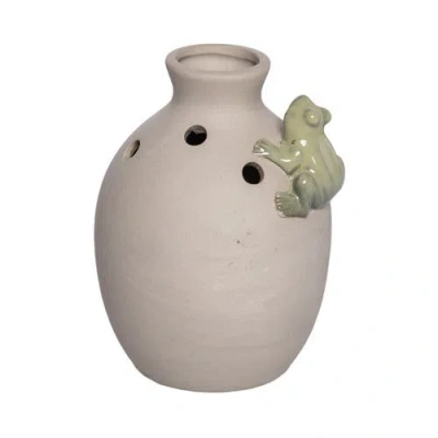 Transpac Ceramic Vase With Frog Med Multicolored For Floral Display And Home Decor In White