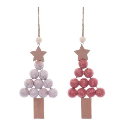 Transpac Christmas Holiday Pink Beaded Tree Wood Ornament Set Of 2 In Multi