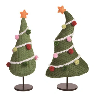 Transpac Christmas Plush Tree Pom Pom Set Of 2 Home Decorations In Green