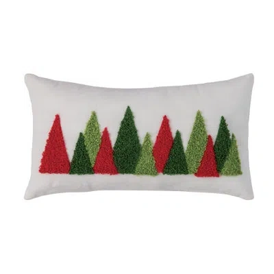 Transpac Cozy Fabric Pillow With Hooked Trees Design - Throw Pillow For Indoor Use, Perfect For Christmas Dec In White;green;red