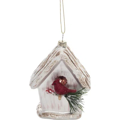 Transpac Cream Glass Woodland Cardinal Bird House Ornament Christmas Tree In Sand