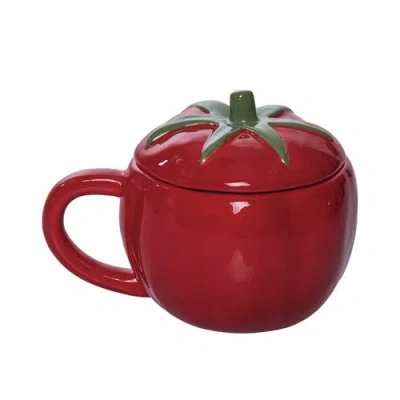 Transpac Dolomite 10 oz Tomato Mug With Lid Red And Green For Spring Serving And Entertaining