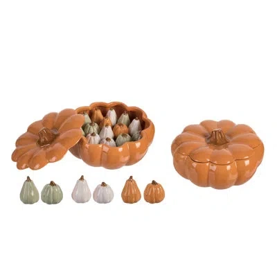 Transpac Dolomite 11 In. Multicolor Harvest Pumpkin Salt And Pepper Shaker Shakers With Display Set Of 19 In White;orange