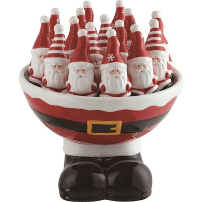 Transpac Dolomite 8.25 In. Multicolor Christmas Santa Salt And Pepper Shakers With Belt Bowl Set Of 17 In White;red