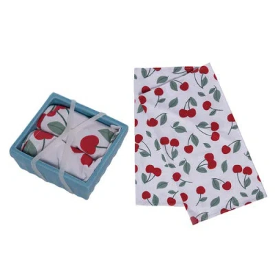 Transpac Dolomite Berry Basket With Tea Towels Set Of 3 Multicolored For Spring Serving And Entertai