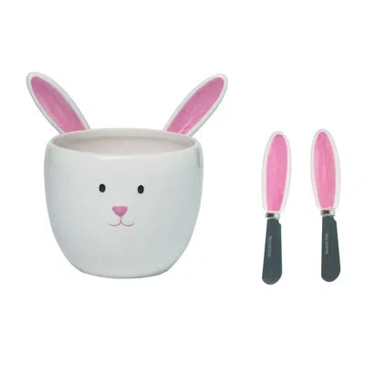 Transpac Dolomite Bunny Bowl With Spreaders Set Of 3 - Charming Ceramic Serving Bowls For Easter Celebrations In White