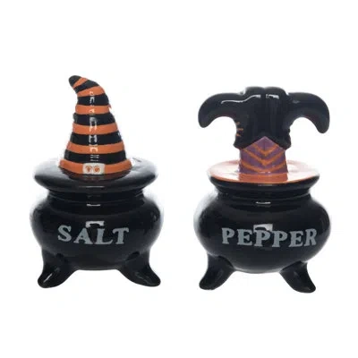 Transpac Dolomite Cauldron With Witch Legs Salt And Pepper Set Of 2, Salt And Pepper Shaker, Black, Ceramic, 