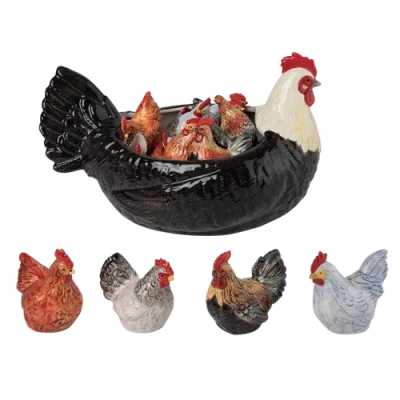 Transpac Dolomite Chicken Salt And Pepper Shaker Set With Bowl Display 17 Piece Ceramic Kitchen Deco In Multi