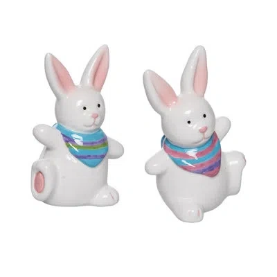 Transpac Dolomite Dancing Bunnies Salt And Pepper Set Of 2, Salt And Pepper Shaker, White, Ceramic, Table, Ki