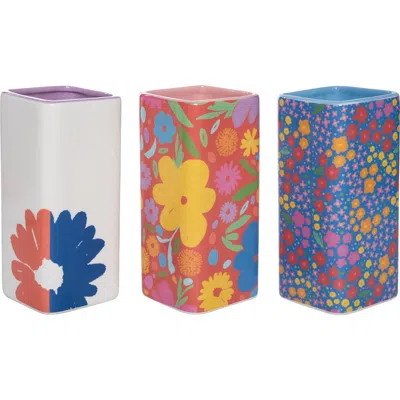 Transpac Dolomite Floral Square Vase Set Of 3 Multicolored For Floral Display And Home Decor In Blue