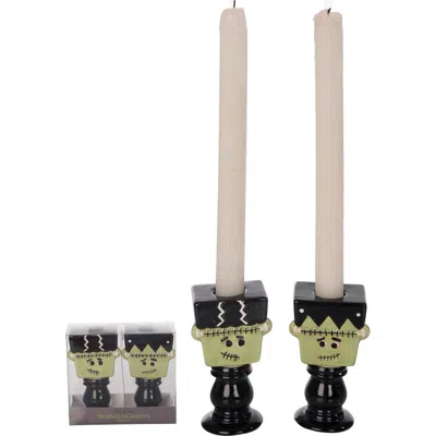 Transpac Dolomite Frankenstein Candle Holders Set Of 2 Halloween In Green