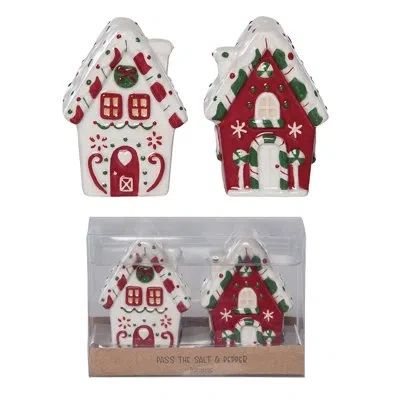 Transpac Dolomite Gingerbread House Salt And Pepper Set Of 2, Salt And Pepper Shaker, Red, Ceramic, Table, Ki In Multi